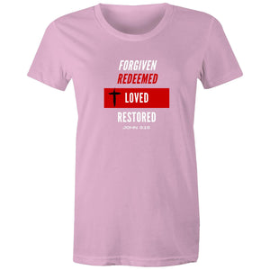 Forgiven | Redeemed | Loved | Restored -  Surf and Streetwear - Womens T-shirt