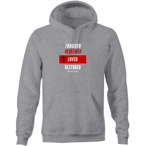 Forgiven | Redeemed | Loved | Restored - Unisex Pocket Hoodie Sweatshirt