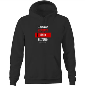 Forgiven | Redeemed | Loved | Restored - Unisex Pocket Hoodie Sweatshirt