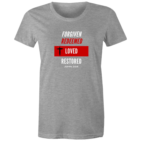 Image of Forgiven | Redeemed | Loved | Restored -  Surf and Streetwear - Womens T-shirt