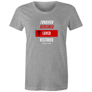 Forgiven | Redeemed | Loved | Restored -  Surf and Streetwear - Womens T-shirt