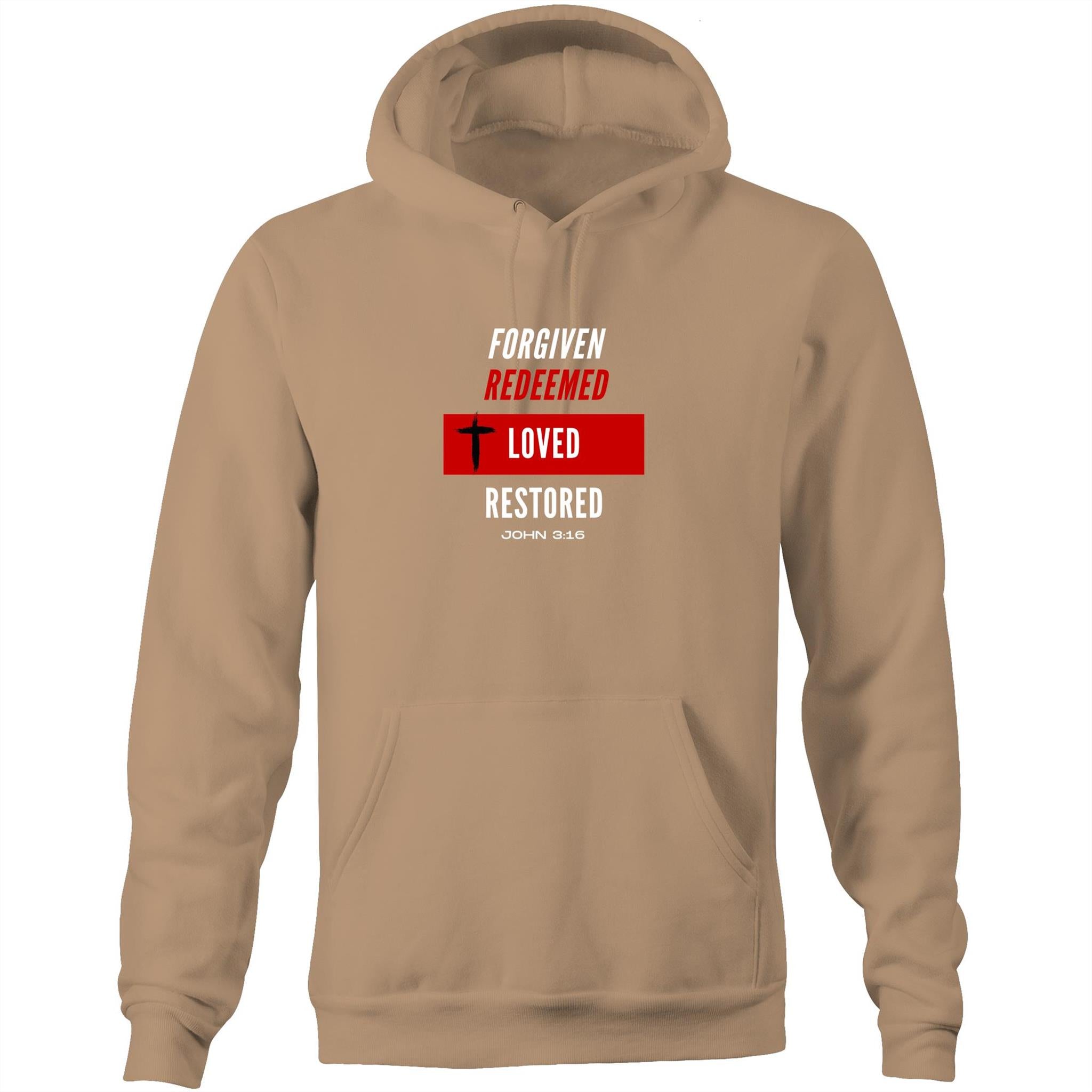 Forgiven | Redeemed | Loved | Restored - Unisex Pocket Hoodie Sweatshirt