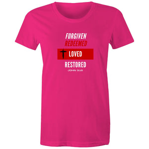 Forgiven | Redeemed | Loved | Restored -  Surf and Streetwear - Womens T-shirt