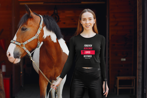 Image of Forgiven | Redeemed | Loved | Restored - Women's Long Sleeve Crop Tee - Life Redesign 360